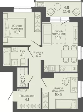 2-к кв. Волгоградская область, Волгоград Трехгорная ул., 27 (52.6 м)