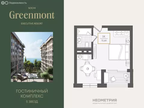 1-комнатная квартира: Сочи, улица Ленина, 280А (32.8 м)