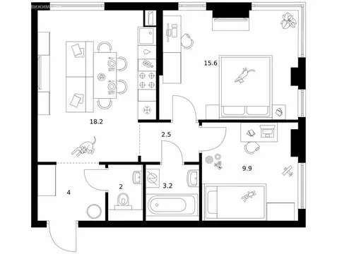 2-комнатная квартира: Москва, ЖК Кронштадтский 9, 11.3 (55.4 м)
