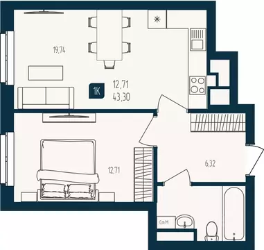1-к кв. Тюменская область, Тюмень  (43.3 м)