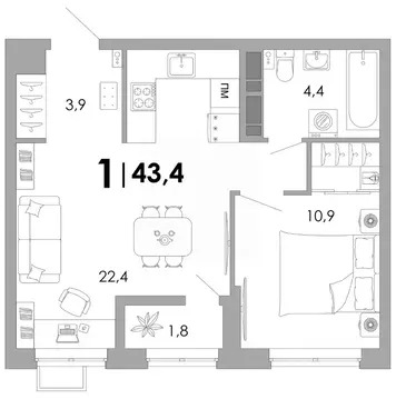 1-к кв. Владимирская область, Владимир Уно жилой комплекс (43.4 м)