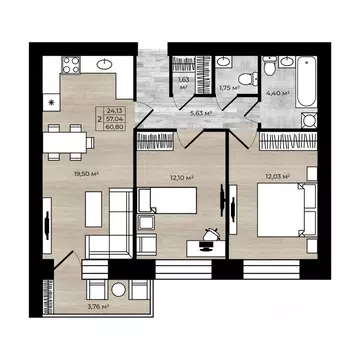2-к кв. Ярославская область, Ярославль Тормозное ш. (60.8 м)