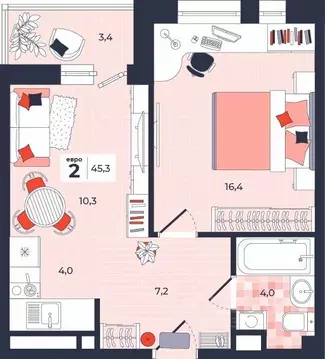 2-к кв. Тульская область, Тула ул. Академика Насоновой, 1А (45.3 м)