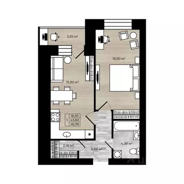 1-к кв. Ярославская область, Ярославль Тормозное ш. (46.95 м)