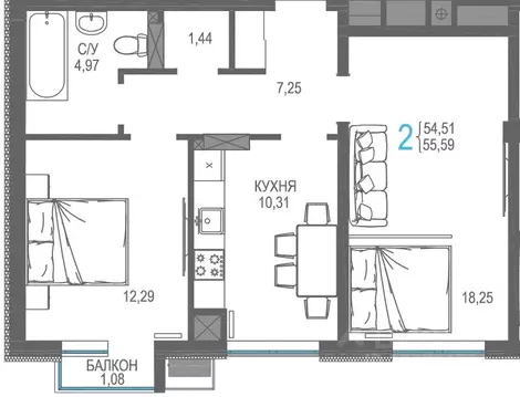 2-к кв. Крым, Симферопольский район, Гвардейское пгт, Республика жилой ...