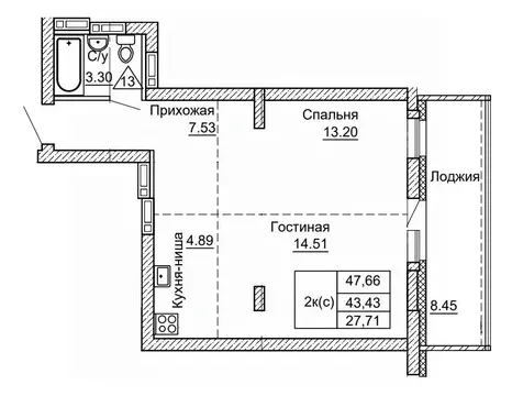 2-к кв. Алтайский край, Барнаул ул. Никитина, 41 (47.66 м)