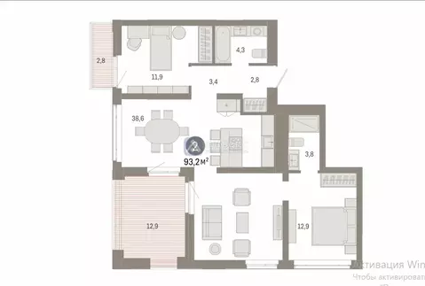 2-комнатная квартира: Тюмень, улица Республики, 205к3 (93.18 м)