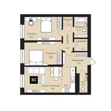 2-к кв. Башкортостан, Уфа ул. Ленина, 192 (74.0 м)