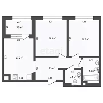 2-к кв. Тюменская область, Тюмень ул. Пожарных и Спасателей, 5 (52.8 ...