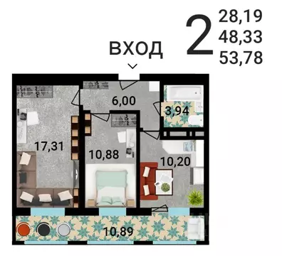 2-к кв. Воронежская область, Воронеж ул. Летчика Демьянова, 1 (52.82 ...