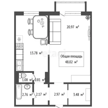1-комнатная квартира: Новосибирск, улица В. Высоцкого, 171/9 (48.02 м)