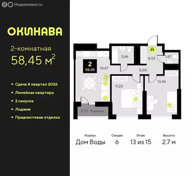 2-комнатная квартира: Тюмень, улица Пожарных и Спасателей, 8 (58.45 м)