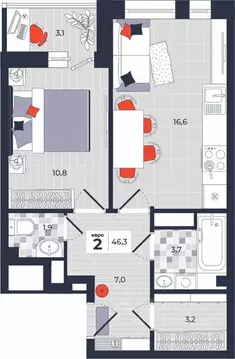 2-к кв. Тульская область, Тула ул. Академика Насоновой, 1А (46.3 м)