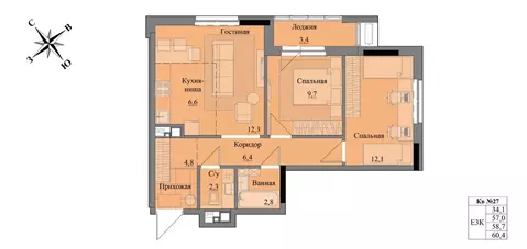 3-к кв. Удмуртия, Ижевск Краски Леса жилой комплекс (58.7 м)