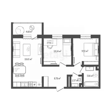 2-к кв. Тюменская область, Тюменский муниципальный округ, д. Патрушева ...