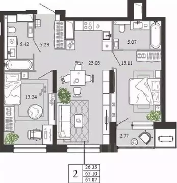 2-к кв. Тульская область, Тула ул. Фридриха Энгельса, 74 (67.87 м)