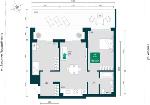 2-комнатная квартира: Тюмень, улица Василия Подшибякина, 7 (96 м)