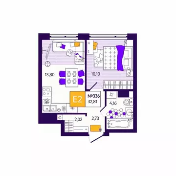 1-к кв. Тульская область, Тула Все и Сразу жилой комплекс (32.81 м)