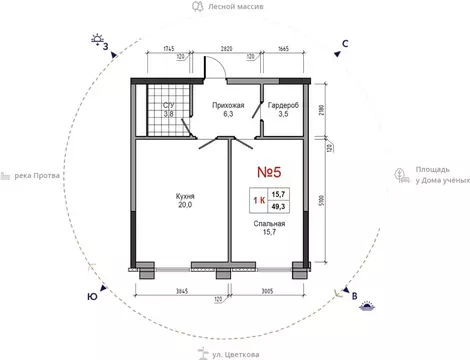 1-к кв. Калужская область, Обнинск ул. Усачева (49.3 м)