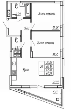 2-к кв. Марий Эл, Йошкар-Ола Два Капитана жилой комплекс (61.7 м)