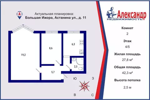 Квартира, 2 комнаты, 42.3 м