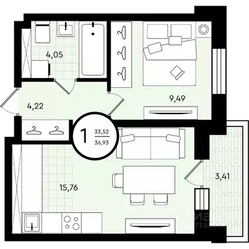 1-к кв. Тюменская область, Тюмень ул. Александра Звягина, 2 (36.93 м)