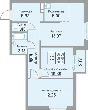 3-к кв. Пермский край, д. Кондратово ул. Водопроводная, 6/4 (60.85 м)
