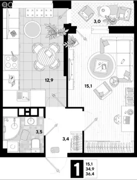 1-комнатная квартира: Краснодар, улица Ивана Беличенко, 89 (36.4 м)