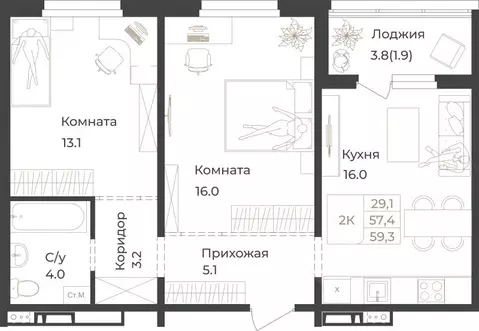 2-к кв. Алтай, Горно-Алтайск Дом 1824 жилой комплекс (59.3 м)
