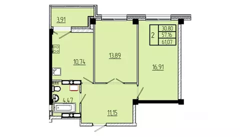 2-к кв. Омская область, Омск Волгоградская ул., с3 (61.07 м)