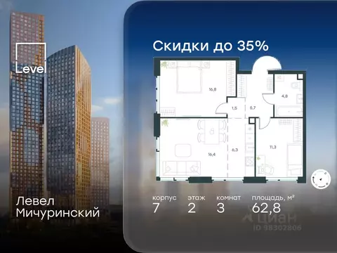 3-к кв. Москва Левел Мичуринский жилой комплекс, к7 (62.8 м)