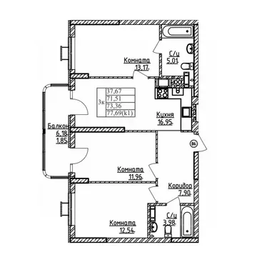 3-к кв. Калининградская область, Калининград ул. Дубовая Аллея (73.36 ...