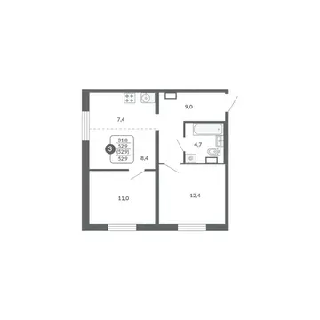 3-к кв. Кировская область, Киров ул. Потребкооперации, 34к1 (52.9 м)