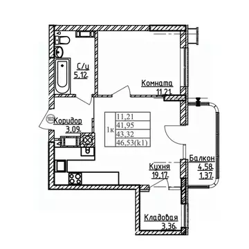 1-к кв. Калининградская область, Калининград ул. Дубовая Аллея (43.32 ...