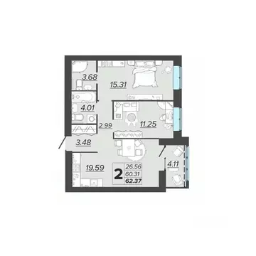 2-к кв. Брянская область, Брянск Архитектор жилой комплекс (62.37 м)