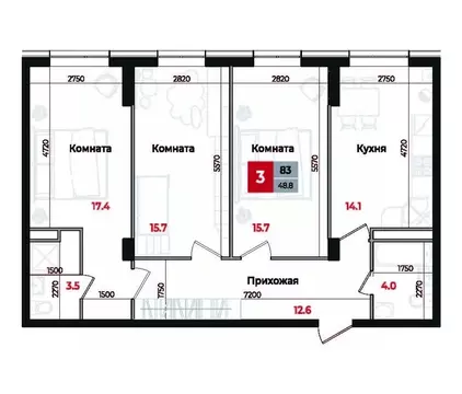 3-к кв. Ставропольский край, Невинномысск Новая ул., 1 (83.0 м)