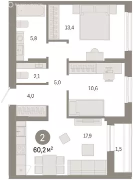 3-комнатная квартира: Тюмень, улица Республики, 205к1 (60.8 м)