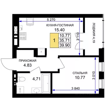 1-к кв. Калининградская область, Гурьевск Включи жилой комплекс (40.5 ...