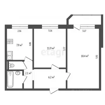 2-к кв. Архангельская область, Архангельск ул. Попова, 26 (51.0 м)