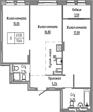 2-комнатная квартира: Краснообск, жилой комплекс Базилик (67.05 м)