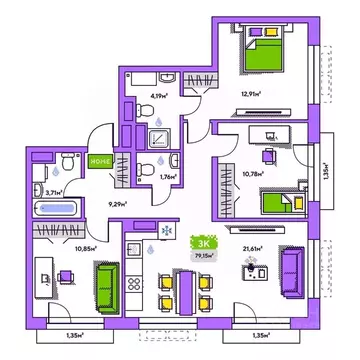 3-к кв. Тюменская область, Тюмень Полевая ул., 93к1 (79.15 м)