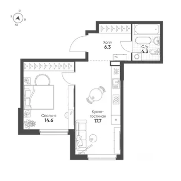 1-к кв. Свердловская область, Екатеринбург Солнечный жилрайон,  (42.9 ...
