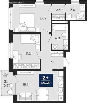 2-комнатная квартира: Тюмень, проезд Капитана Куликова, 7 (61.6 м)