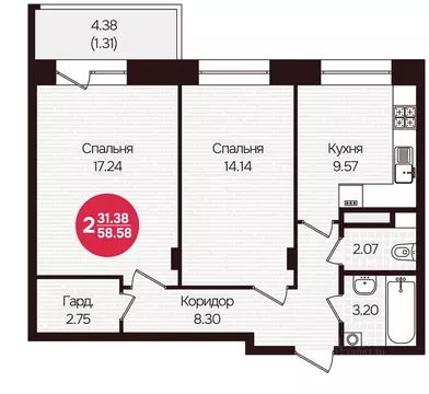 2-к кв. Чувашия, Чебоксары Фруктовая ул., поз1 (58.58 м)