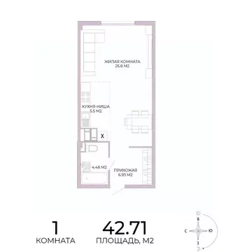1-к кв. Пензенская область, Пенза Побочинская ул., с17 (42.71 м)