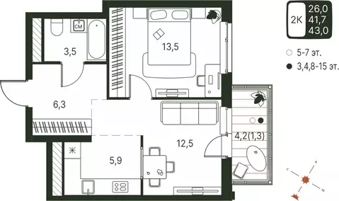 Студия Пермский край, Пермь ул. Серебристая, 1 (43.0 м)