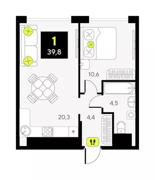 1-комнатная квартира: Тюмень, улица Ивана Чистякова, 3 (39.8 м)