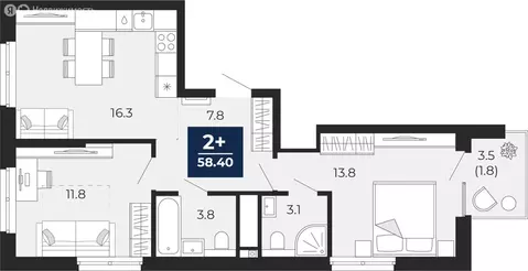 2-комнатная квартира: Тюмень, улица Тимофея Чаркова, 77 (60.1 м)