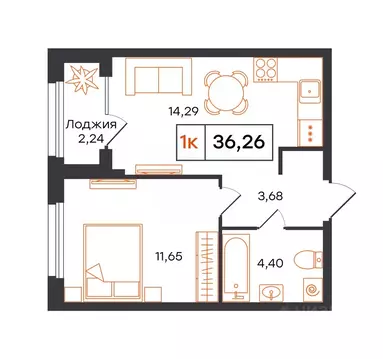 1-к кв. Тюменская область, Тюмень Фатера жилой комплекс (36.26 м)