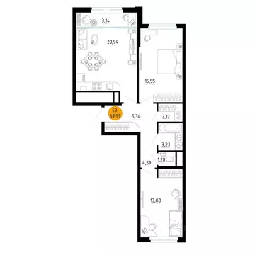 2-к кв. Рязанская область, Рязань ул. Земнухова (69.99 м)